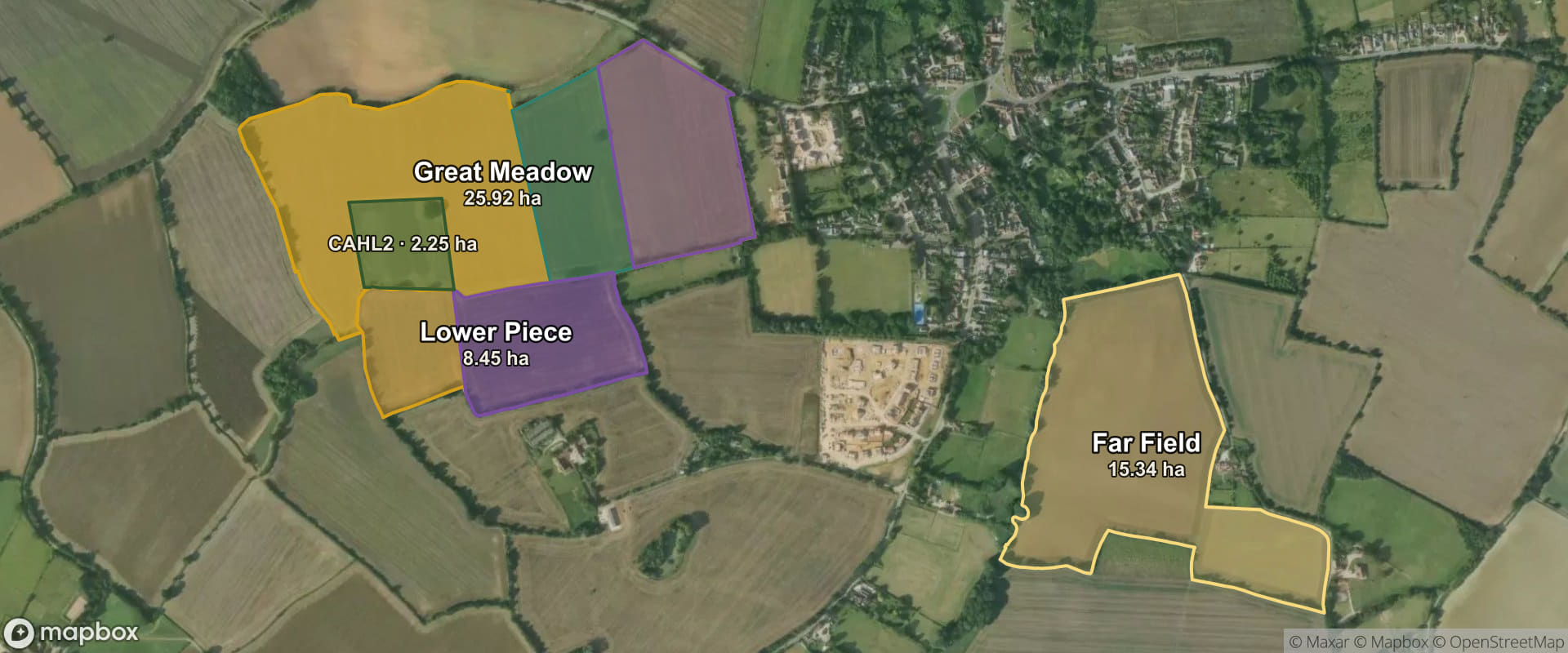 Fields on a working farm in Essex seen on satellite, each one outlined and coloured by the crop growing in it.