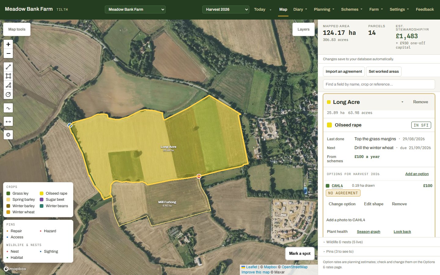 The map: a field outlined and coloured by crop over satellite imagery, with its card open beside it showing parcel reference, area, crop, last job, next job and scheme income.